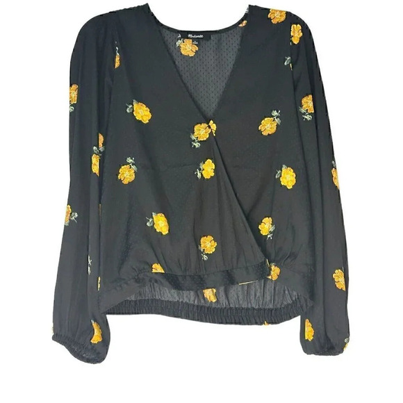 Madewell Womens Floral Patterned Short Sleeve Wrap Top Size M Black Cap Sleeve - Picture 1 of 2